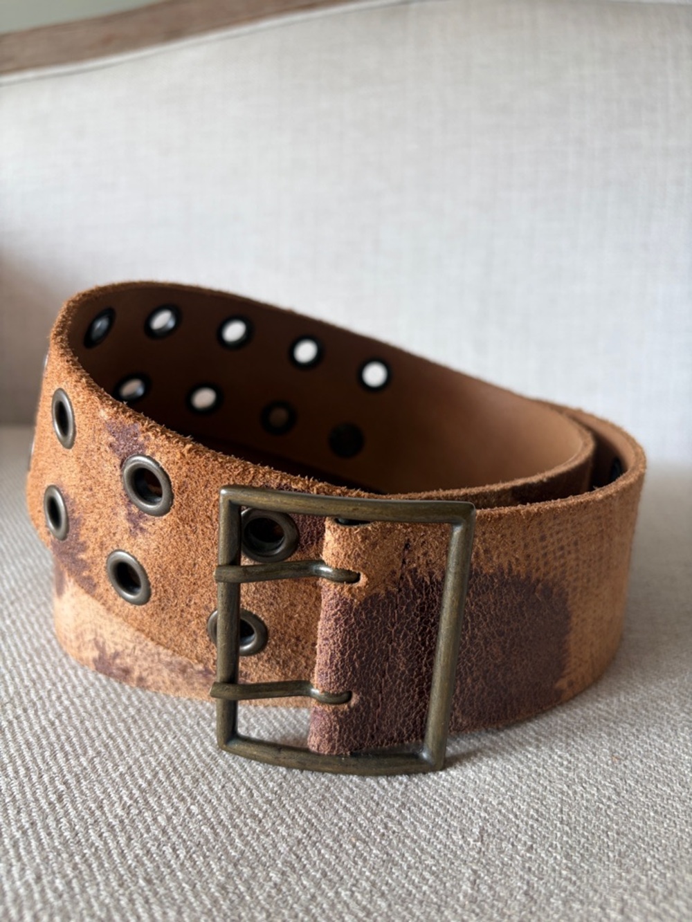 Garuglieri Size Medium Made in Italy Distressed Brown Suede Double-Prong Belt